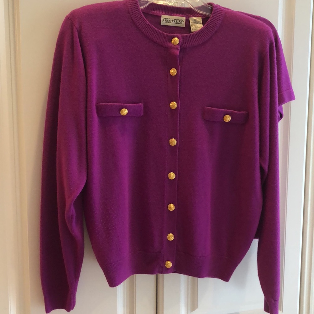 Kerri N Kelsey 2-pc deep fuchsia short sleeve & cardigan gold button sweater set